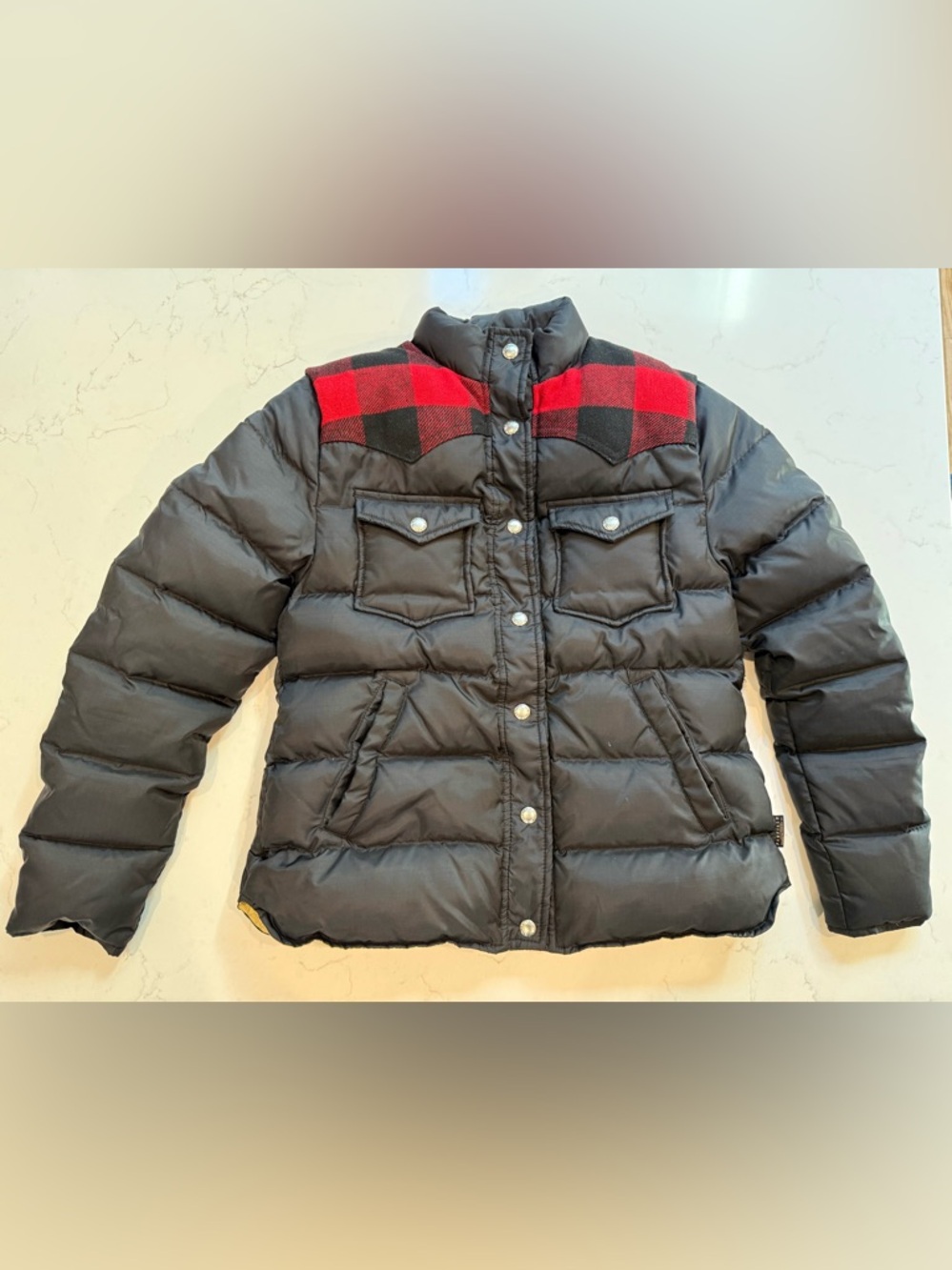 Penfield Rockford Black Puffer Jacket with Red Plaid Yoke